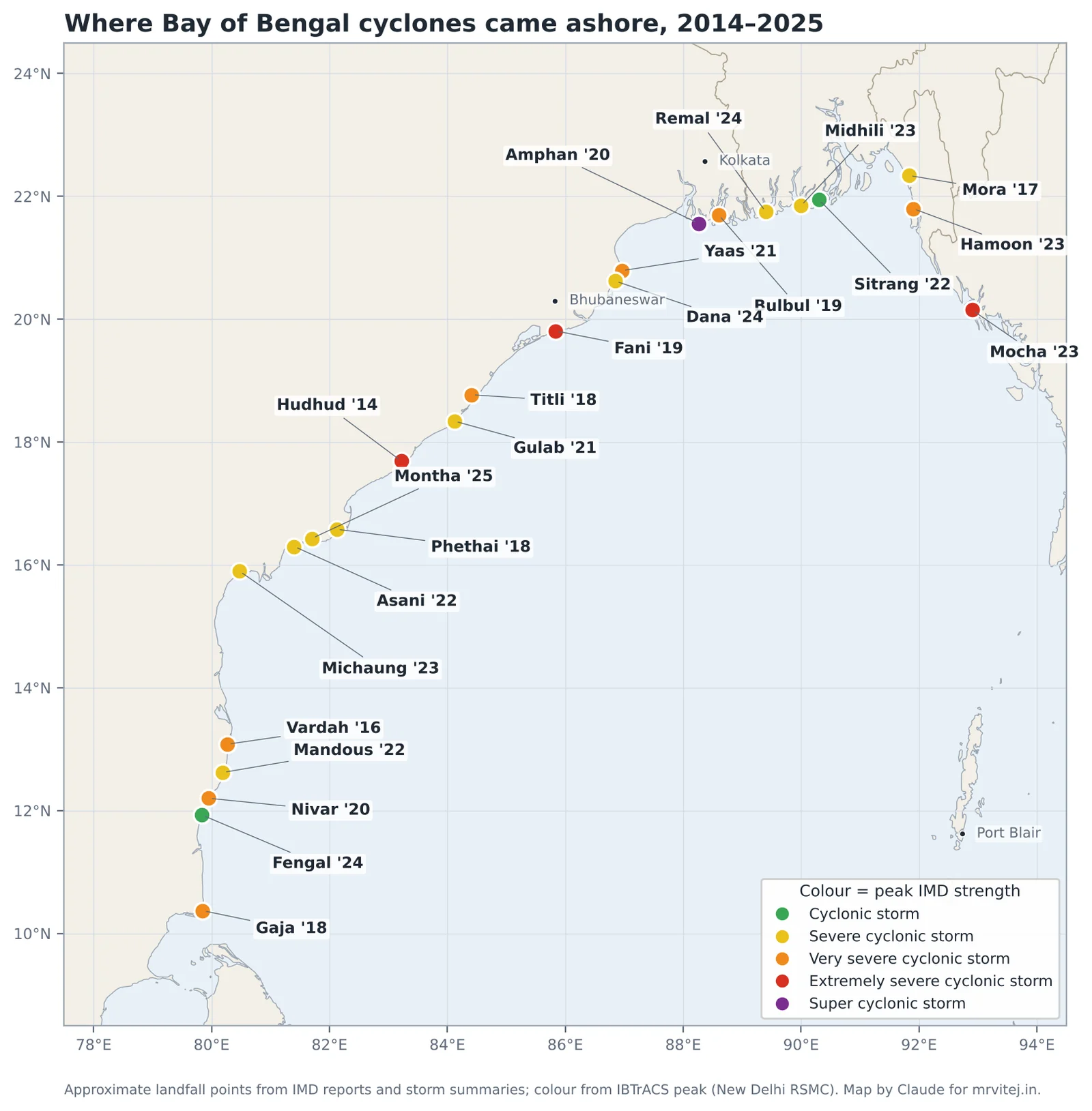 Map of the east coast of India, Bangladesh and Myanmar marking where 23 Bay of Bengal cyclones crossed the coast between 2014 and 2025, coloured by peak strength