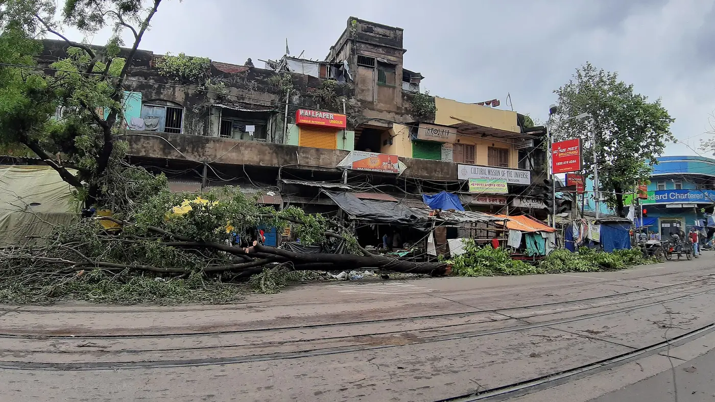 Photograph of a Kolkata street with damaged houses and broken, fallen trees the day after Cyclone Amphan