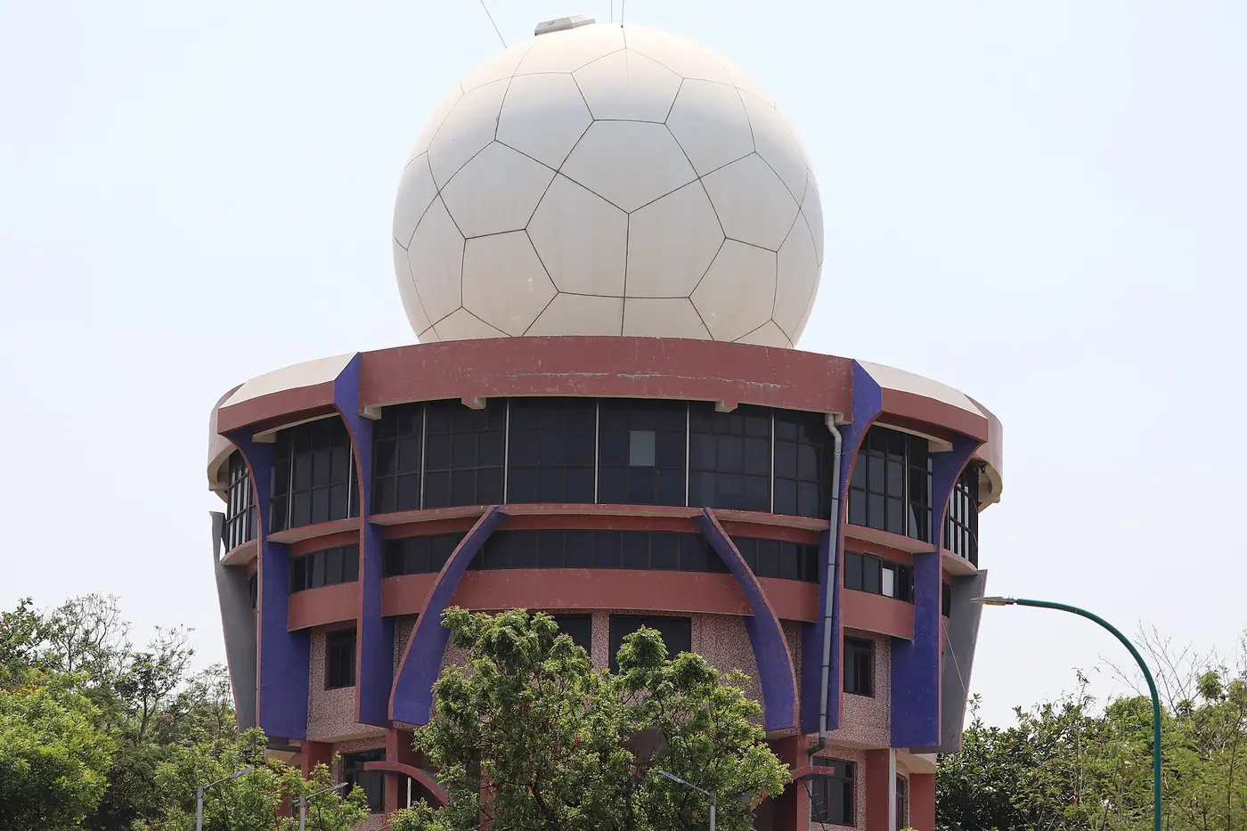 Photograph of the white spherical dome of the Doppler weather radar on top of a building on Kailasagiri hill in Visakhapatnam