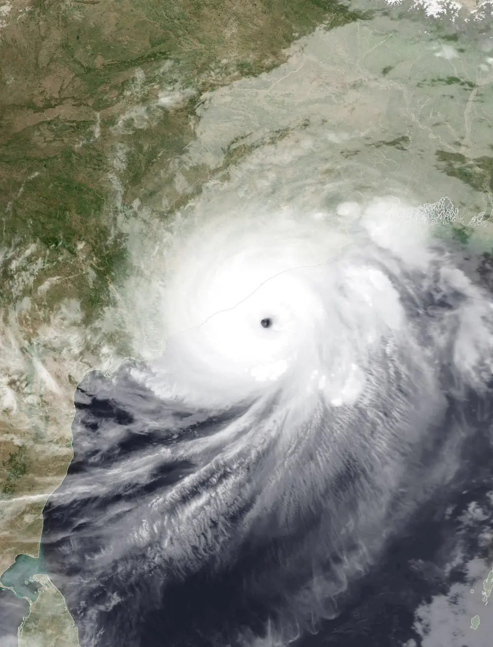 Satellite image of Cyclone Fani over the Bay of Bengal with a large well-defined eye approaching the Odisha coast