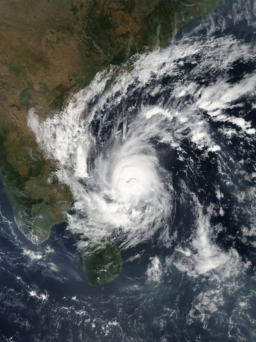 Satellite image of Cyclone Gaja over the southern Bay of Bengal near Sri Lanka and Tamil Nadu