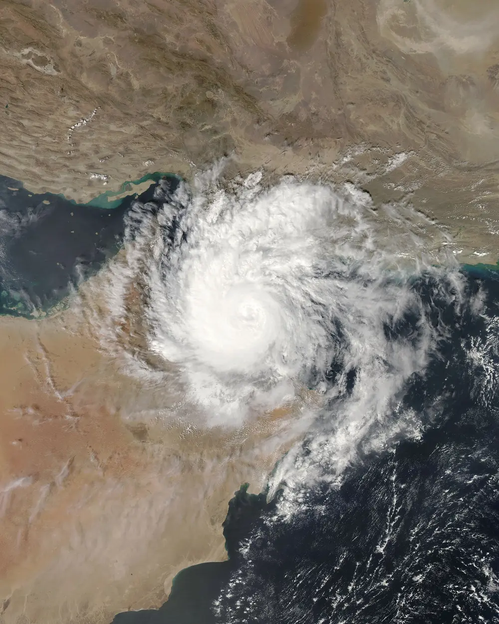 Satellite image of Cyclone Shaheen over the Gulf of Oman approaching the coast of Oman