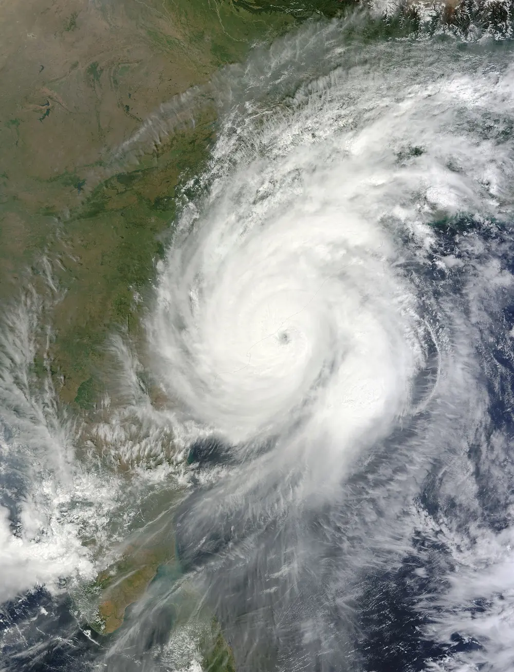 Satellite image of Cyclone Hudhud over the Bay of Bengal near the Andhra coast with a clear round eye
