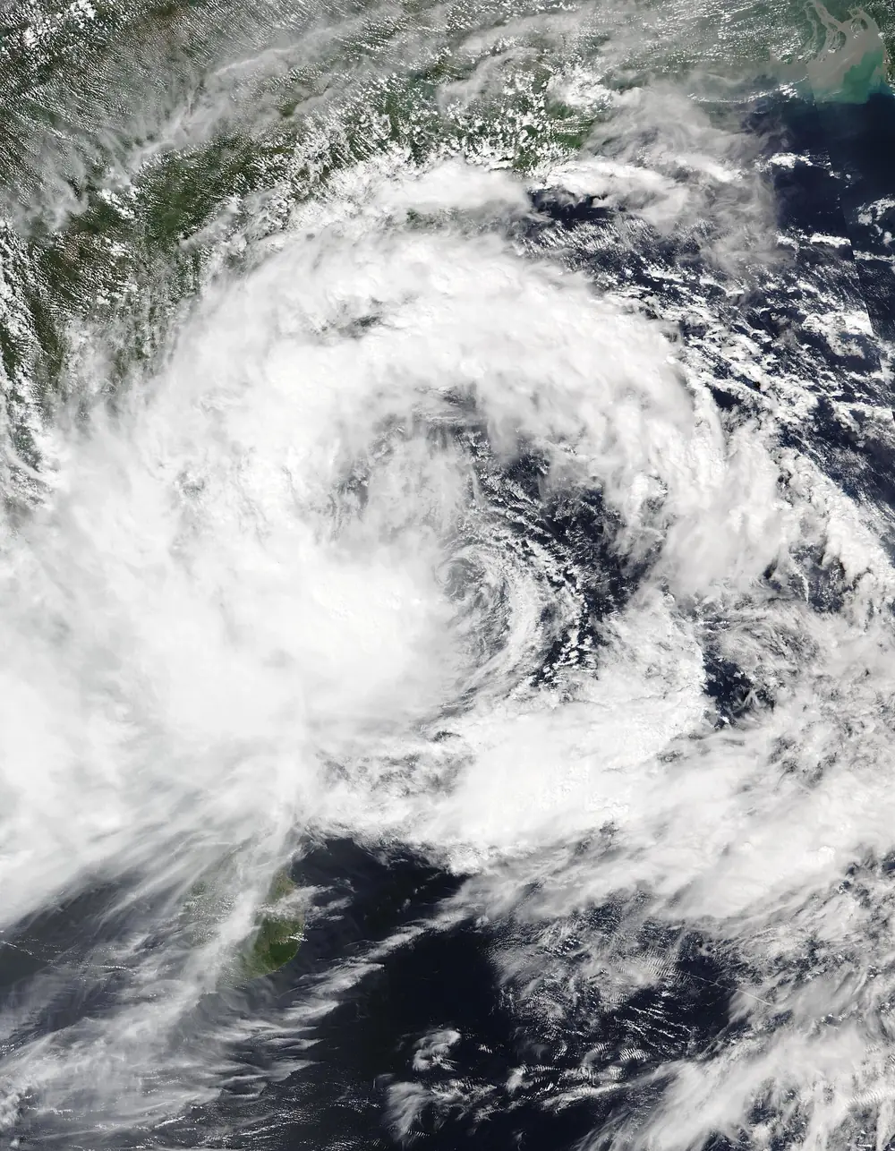 Satellite image of Cyclone Montha over the west-central Bay of Bengal approaching the Andhra Pradesh coast
